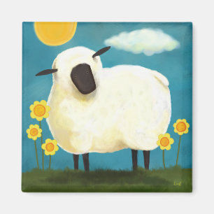 Moutons Fluffy & Fleurs Jaunes Magnet d'art