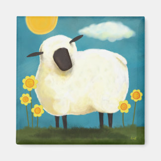 Moutons Fluffy & Fleurs Jaunes Magnet d'art