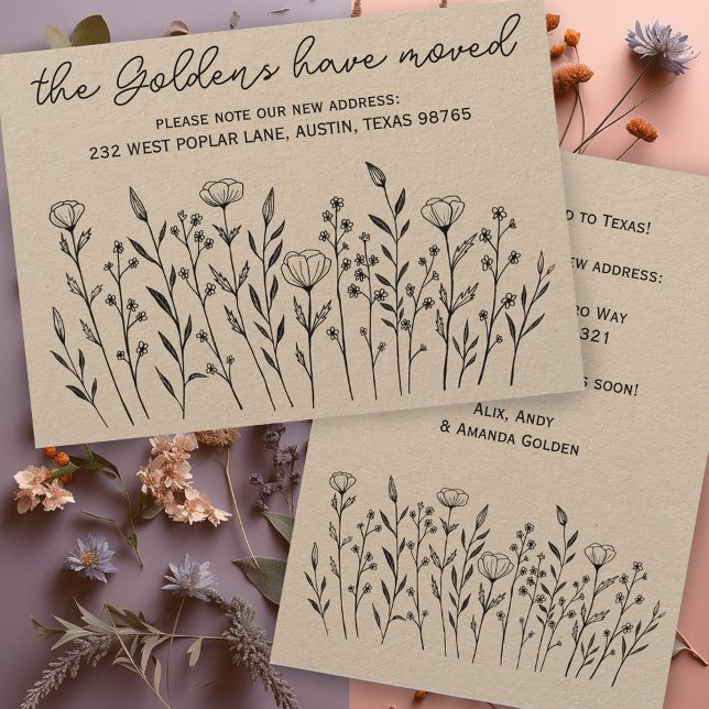MOUVEMENT FAIRE-PART Line Art Kraft Card (MOVING ANNOUNCEMENT Wildflower Line Art Kraft Address Change New Home Card)