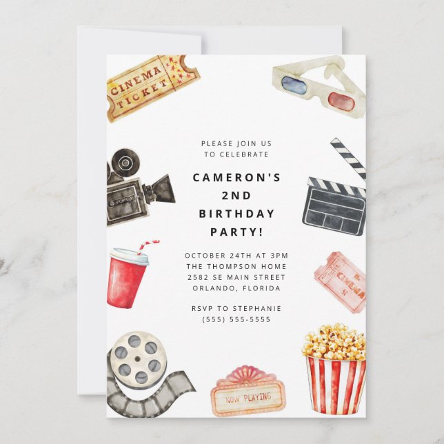 Movie Night Kids Birthday Party Invitation (Devant)