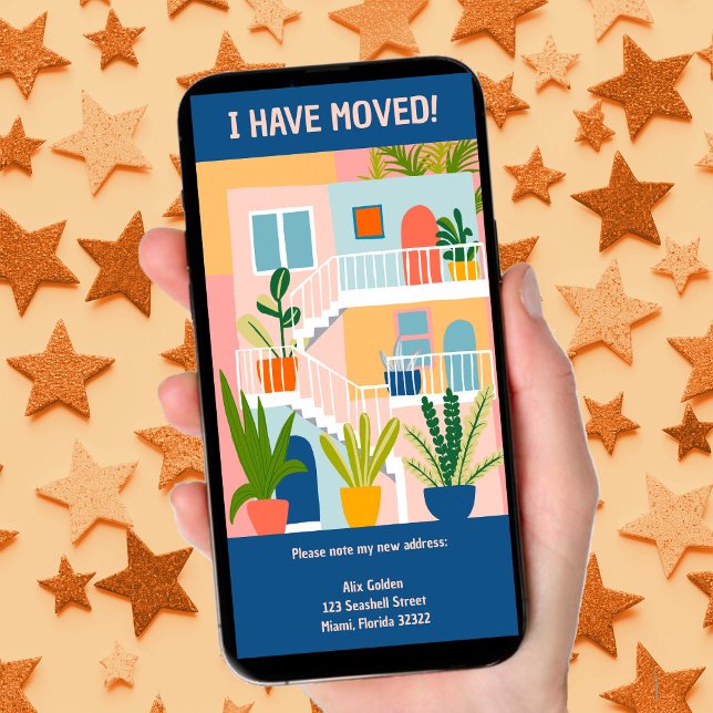 Moving Faire-part Nouveau Appartement Carte sans a (Cute Moving Announcement New Home Address Tree-Free digital ecard, custom tropical artwork to email)