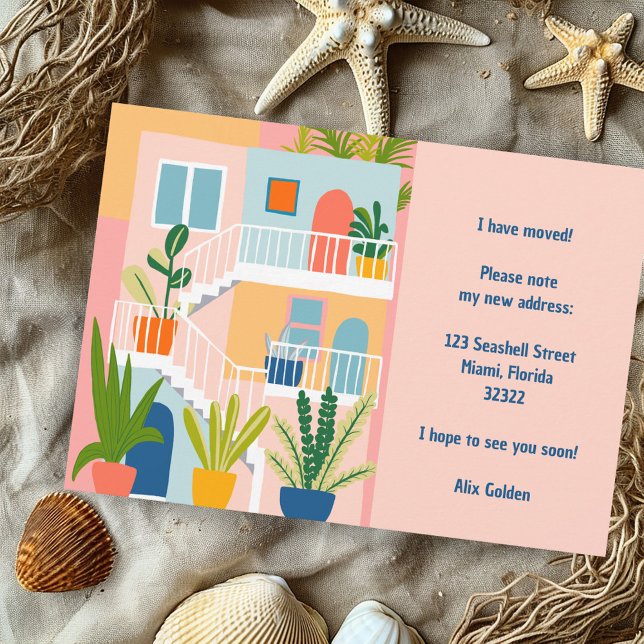 Moving Faire-part Nouvelle adresse Appartement col (Moving Announcement Address Colorful Apartment Note Card Pink Orange Blue Houseplants Cute)