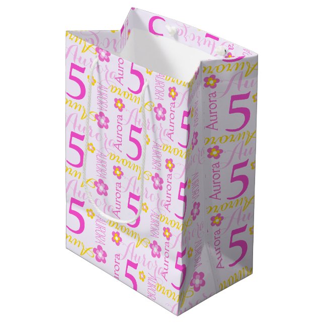 Moyen 5e anniversaire rose jaune personnalisé sac cadeau (Devant Angle)