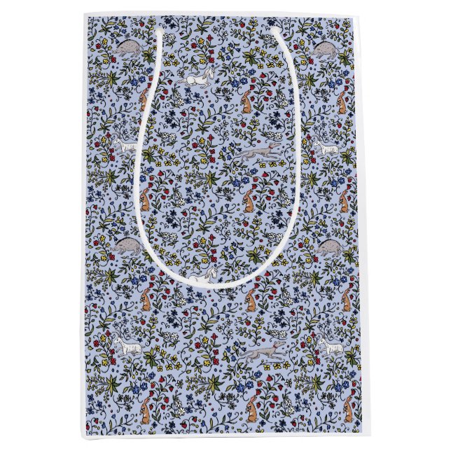 Moyen Animaux médiévaux mille fleurs sac cadeau bleu (Devant)