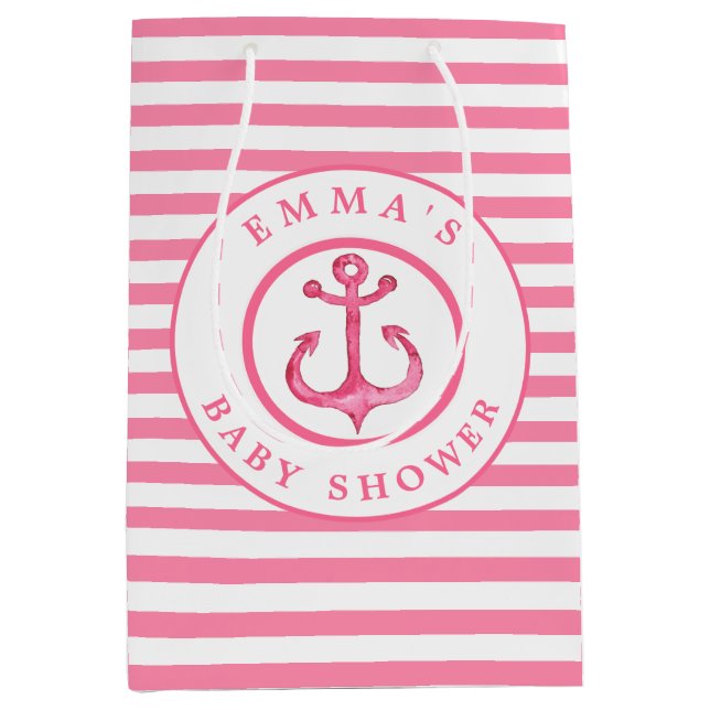 Moyen Baby shower Ancre rose nautique Sac cadeau rayé (Devant)