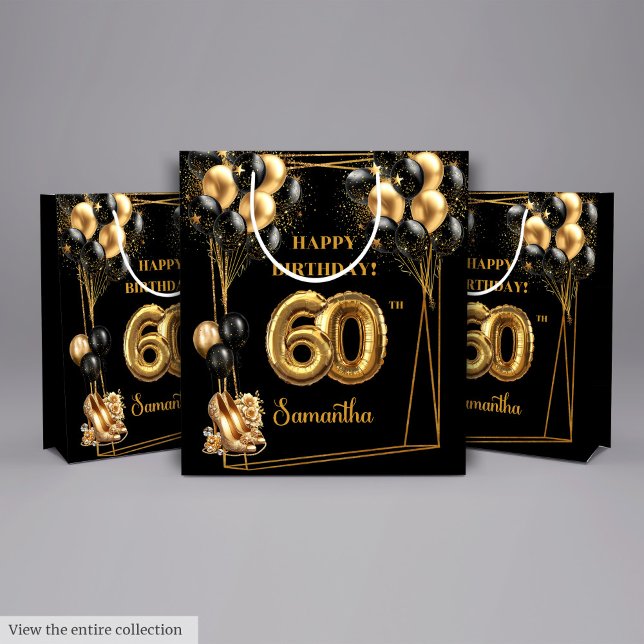 Moyen Black Gold Balloons 60e Anniversaire Cadeau Sac ( Black Gold Balloons 60th Birthday Gift Bag)