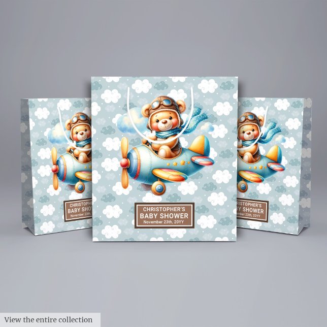Moyen Bleu Brown Baby shower Ours Sac cadeau avec nom (Blue Brown Bear Baby Shower Gift Bag With Name)