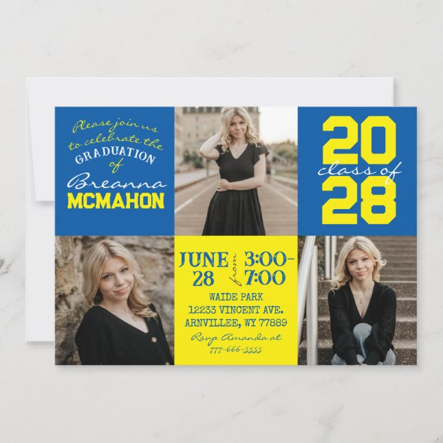 Moyen bleu et jaune 3 Photo Graduation Invitation (Devant)