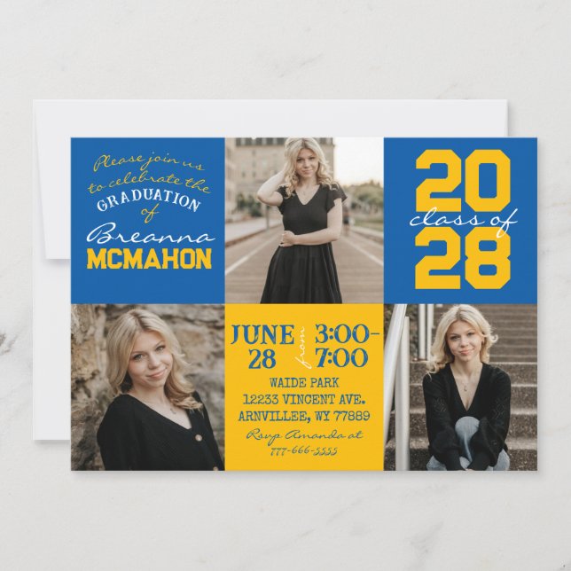 Moyen Bleu & Or 3 Photo Graduation Invitation (Devant)