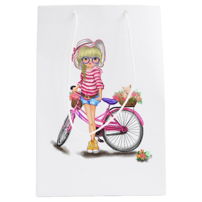 Moyen Blonde Girl with Pink Bike Cadeau Sac (Devant)