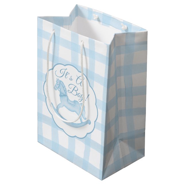 Moyen Blue En vichy Rocking Horse Boy Baby Sac cadeau po (Dos Angle)
