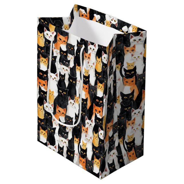 Moyen Chats noirs blancs orange Halloween Sac cadeau moy (Devant Angle)