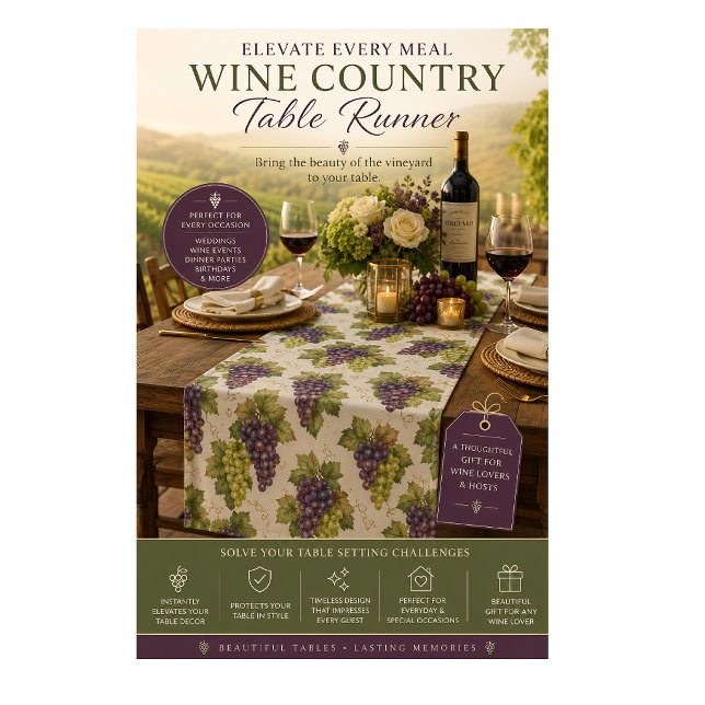 Moyen Chemin de table aux raisins de vignoble – Divertis (Create a warm, inviting table with this elegant wine country table runner featuring rich grapevines)