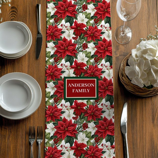 Moyen Chemin de table chic rouge vert Poinsettia nom per (Red Green Table Runner Chic Poinsettia Custom Name)