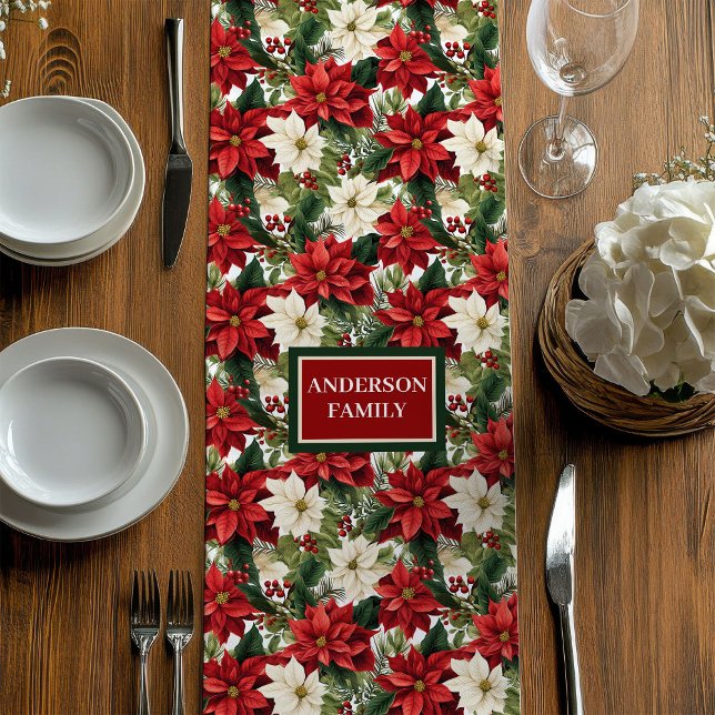 Moyen Chemin de table de fête chic personnalisé nom roug (Chic Holiday Table Runner Custom Name Red Green)