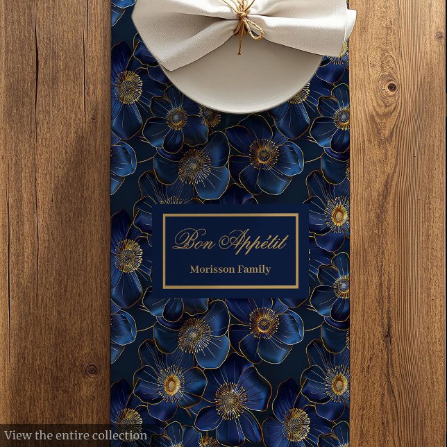 Moyen Chemin de table doré marine moderne avec nom perso (Navy Gold Table Runner Modern Floral Custom Name Gift)