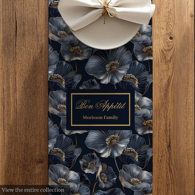 Moyen Chemin de table floral or marine avec monogramme é (Navy Gold Floral Table Runner Elegant Monogram)