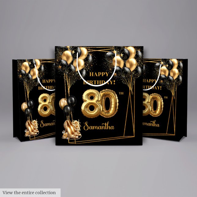 Moyen Chic 80e Anniversaire Sac Cadeau Gold Sparkle Thèm (Chic 80th Birthday Gift Bag Gold Sparkle Theme)