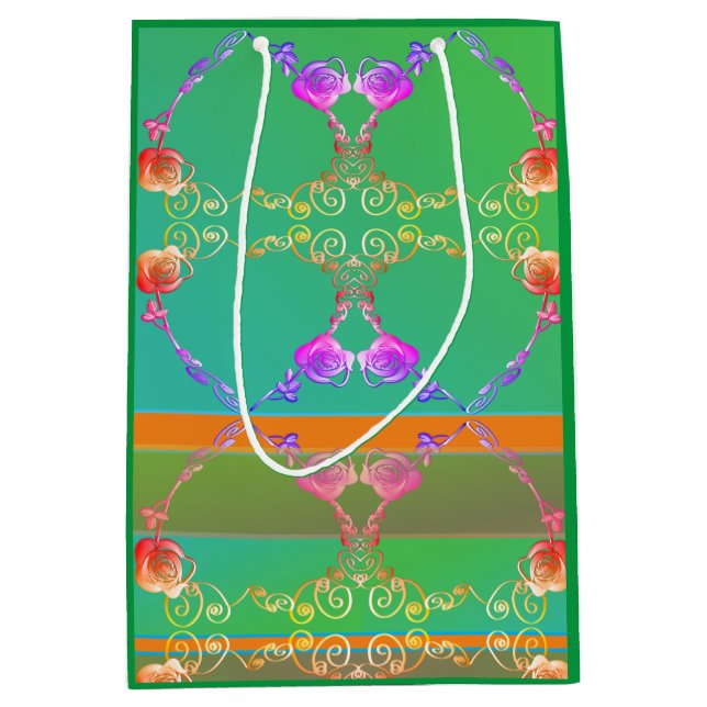 Moyen Coeurs roses sur Apricot & Sac Cadeau Vert (Devant)