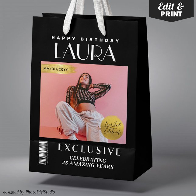Moyen Couverture de magazine personnalisée Sac cadeau d' (Custom Magazine Cover Modern Birthday Gift Bag or Favor Bag)