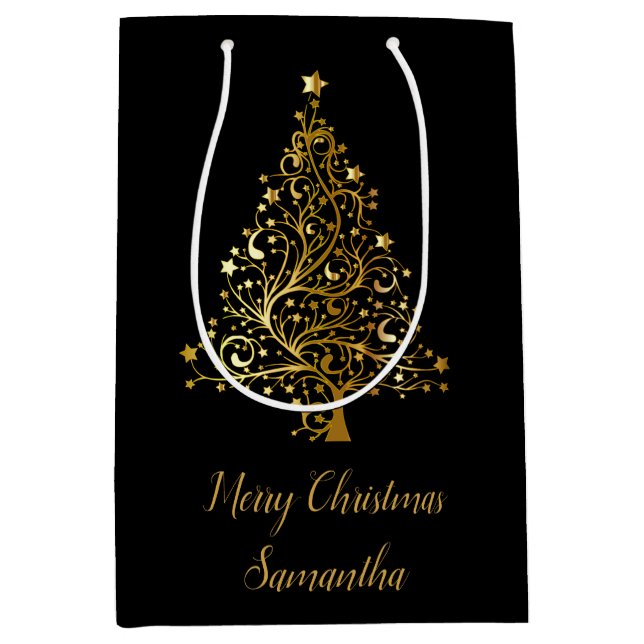 Moyen Élégant Sac Cadeau Noir Et Or Arbre De Noël (Devant)
