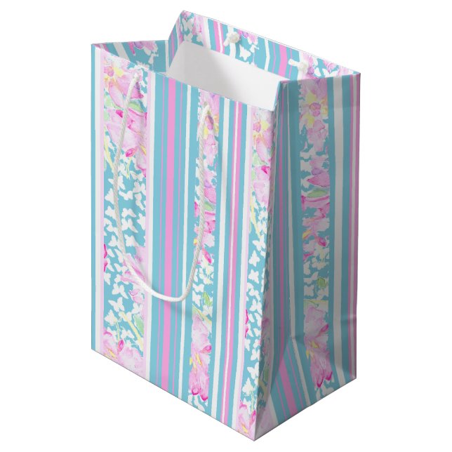 Moyen Papillons rose Pink Bleu Bleu Blancs Sac cadeau (Devant Angle)