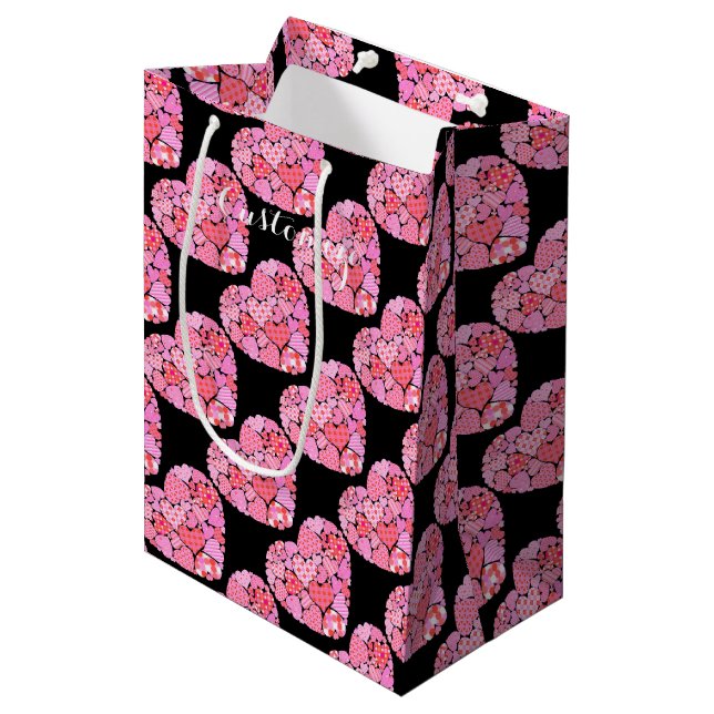Moyen Patchwork Hearts Black Cadeau Sac (Devant Angle)
