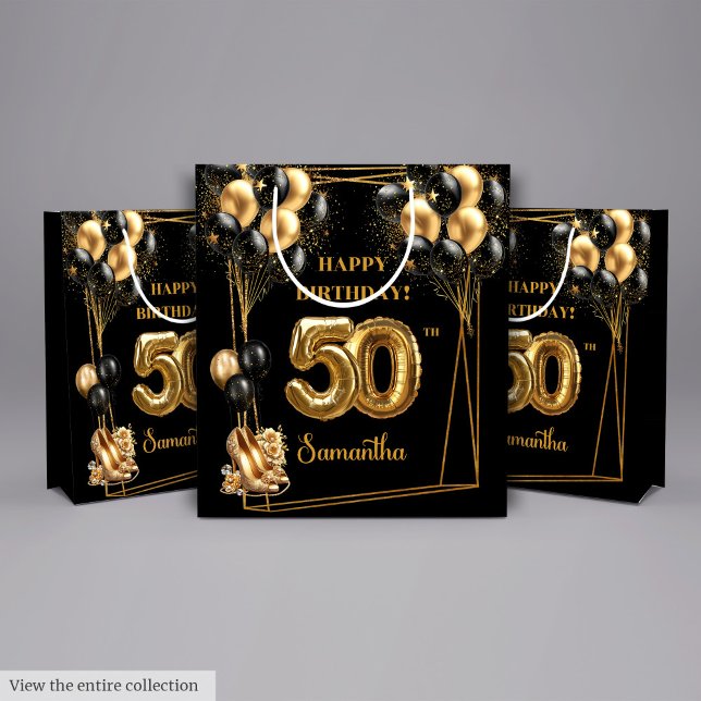 Moyen Personnalisé Nom 50e Anniversaire Sac cadeau Black (Custom Name 50th Birthday Gift Bag Black Gold)