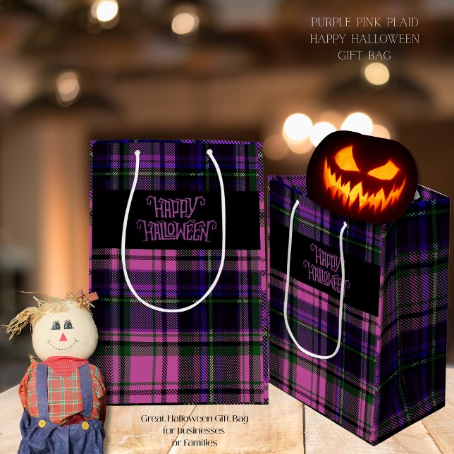 Moyen Pink violet Happy Halloween Plaid Sac cadeau (Purple Pink Happy Halloween Plaid Gift Bag)