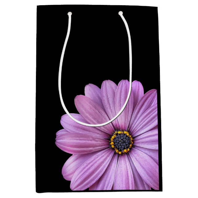 Moyen Purple Daisy sur Black MEDIUM sac cadeau (Devant)
