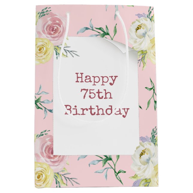Moyen Roses d'aquarelle pour 75e anniversaire Sac cadeau (Devant)