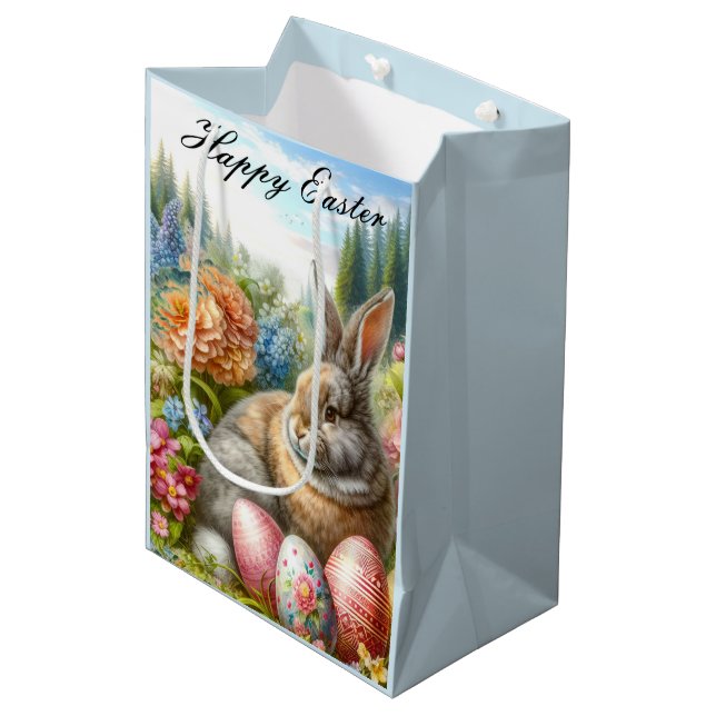 Moyen Sac À Cadeau De Pâques Lapin Assis Dans Un Jardin  (Devant Angle)