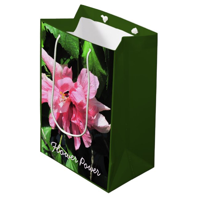 Moyen Sac cadeau à fleurs d'hibiscus rose double (Devant Angle)