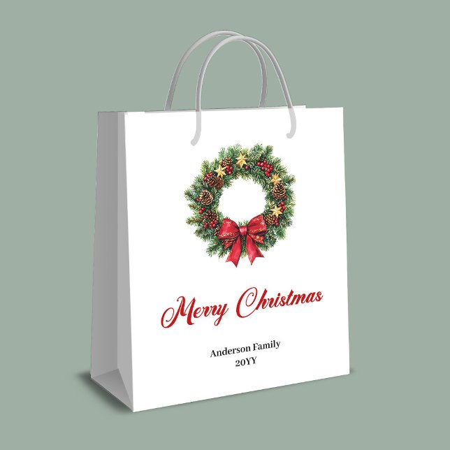 Moyen Sac cadeau avec étiquette personnalisée de couronn (Festive Christmas wreath gift bag personalized tag)