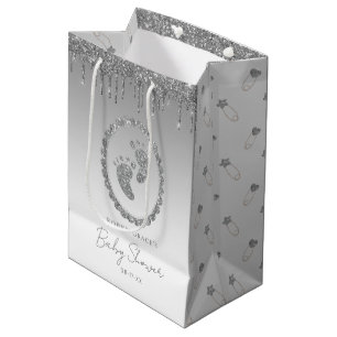 Moyen Sac cadeau Baby shower Parties scintillant argent