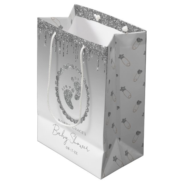 Moyen Sac cadeau Baby shower Parties scintillant argent (Devant Angle)