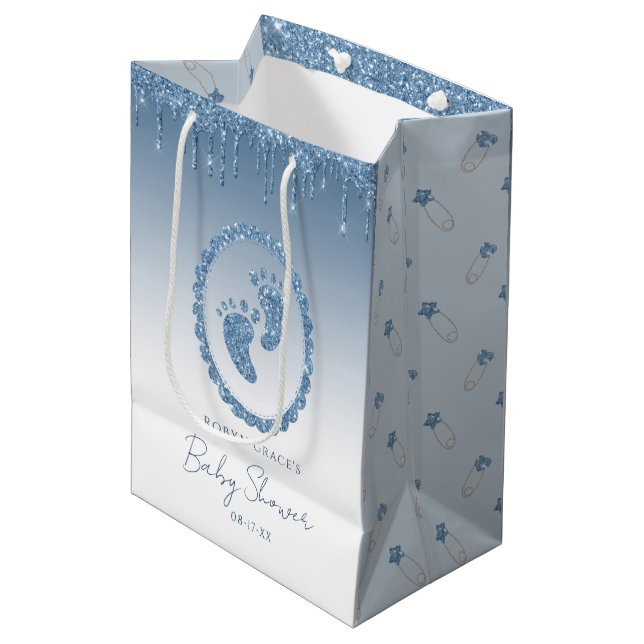 Moyen Sac cadeau Baby shower Parties scintillant bleue (Devant Angle)