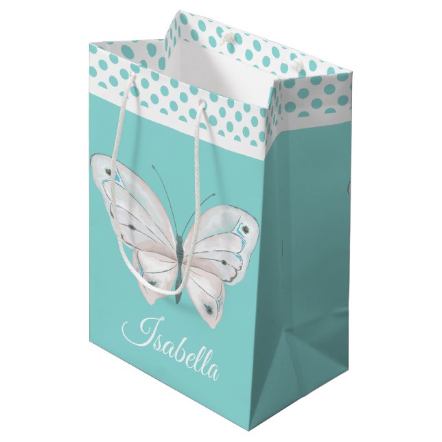 Moyen Sac Cadeau Bleu Œuf de Robin avec Papillon Blanc (Devant Angle)