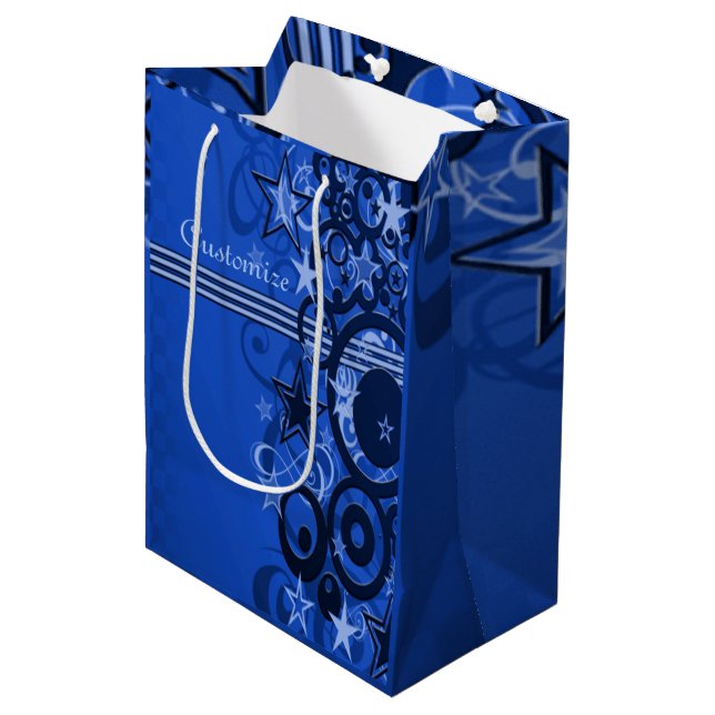 Moyen Sac cadeau bleu Retro Circles & Etoiles (Devant Angle)