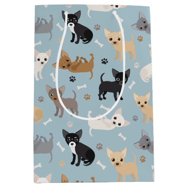Moyen Sac cadeau Chihuahua Bones and Paws Blue Medium (Devant)