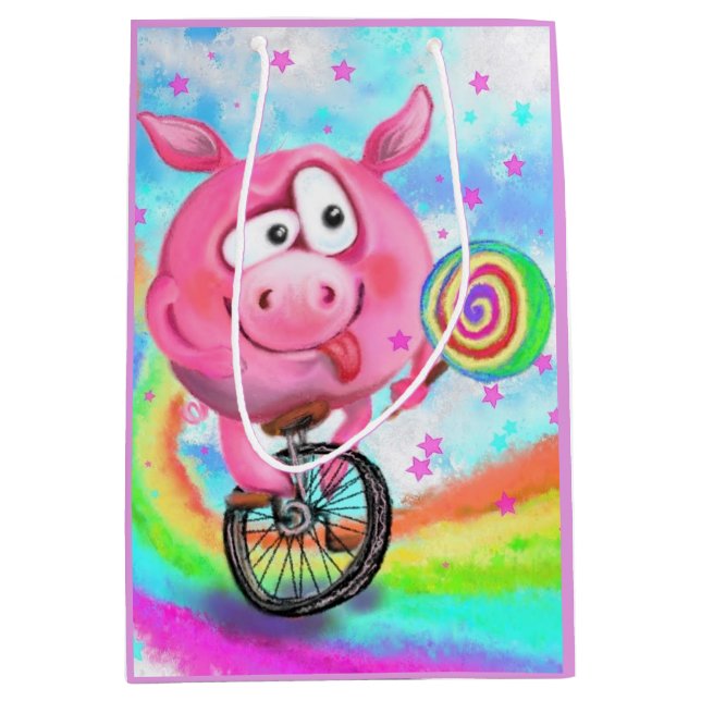Moyen Sac Cadeau Cochon Acrobate de Cirque Drôle (Devant)