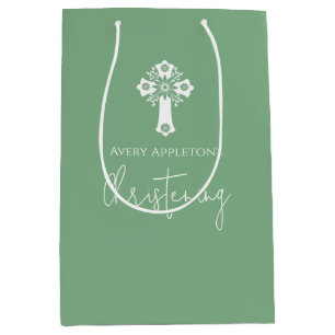 Moyen Sac cadeau Croix florale Christening Sage Green