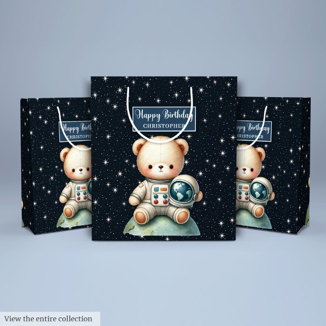 Moyen Sac cadeau d'anniversaire de l'Ours spatial pour p (Space Bear Birthday Gift Bag for Little Astronaut)