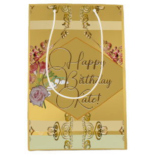 Moyen Sac cadeau d'anniversaire Floral doré