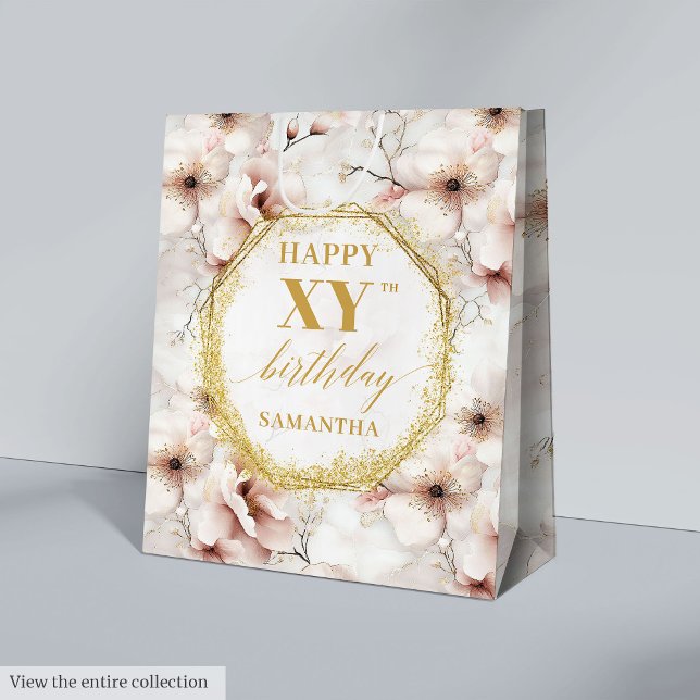 Moyen Sac cadeau d'anniversaire léger rose Rustique or (Inspiring Light Pink Rustic Gold Birthday Gift Bag

)