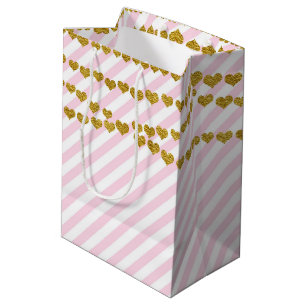 Moyen Sac cadeau de fête d'anniversaire cœurs or et rose