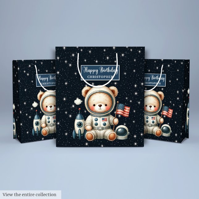 Moyen Sac cadeau de l'astronaute mignon pour fête d'anni (Cute Astronaut Bear Gift Bag for Birthday Party)