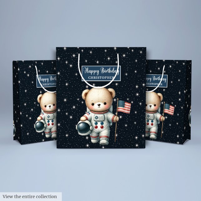 Moyen Sac cadeau de l'astronaute Teddy Bear pour garçon  (Teddy Bear Astronaut Gift Bag for Birthday Boy)