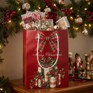 Moyen Sac Cadeau de Noël à Nœud Carreauté Rouge Bourgogn