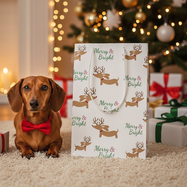 Moyen Sac cadeau de Noël Dachshund Reindeer Joyeux Doxie (Wiener dog Christmas gift bag - Merry & Bright)